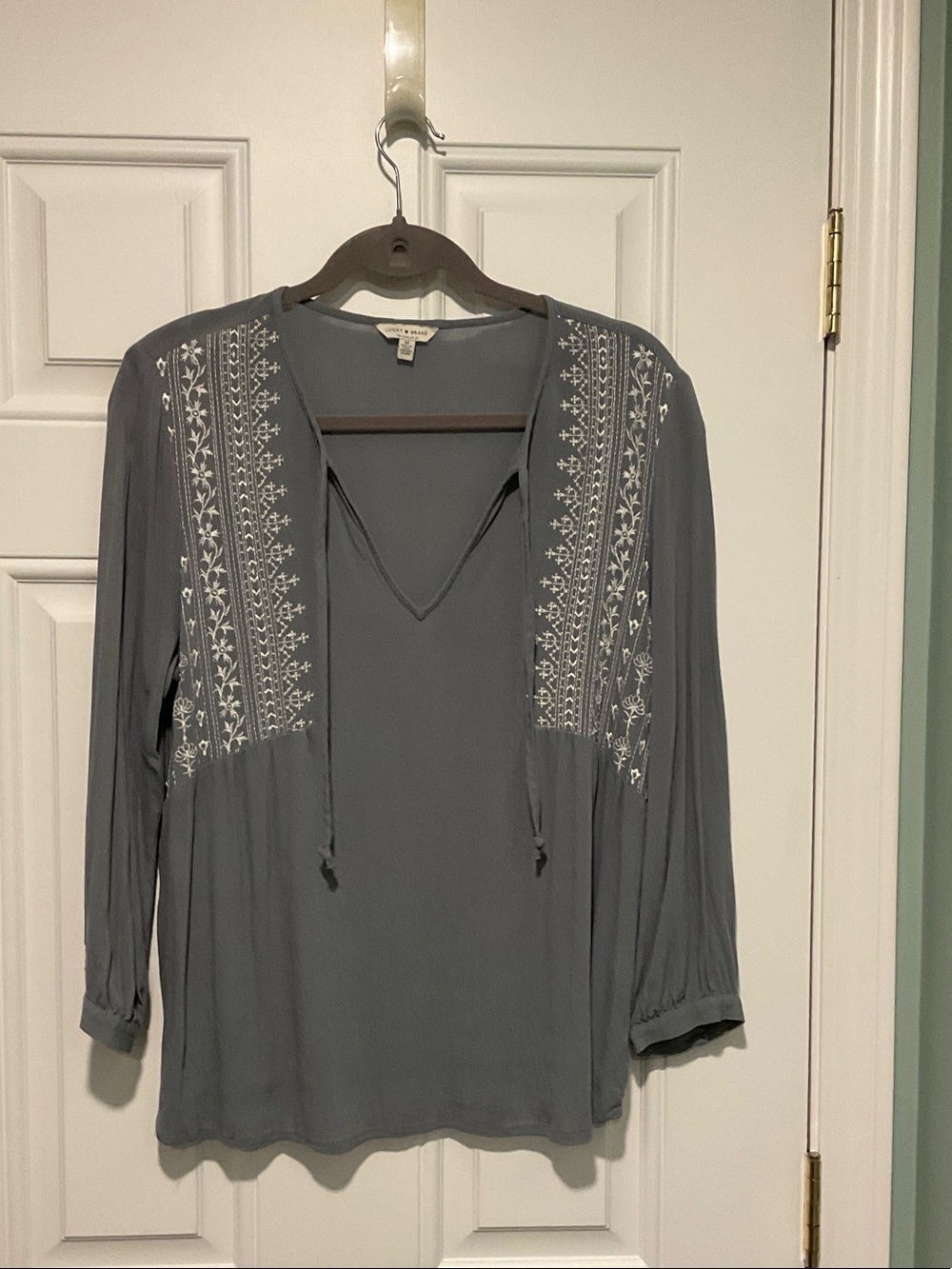 Lucky Brand Gray Embroidered V-Neck Tassel Blouse